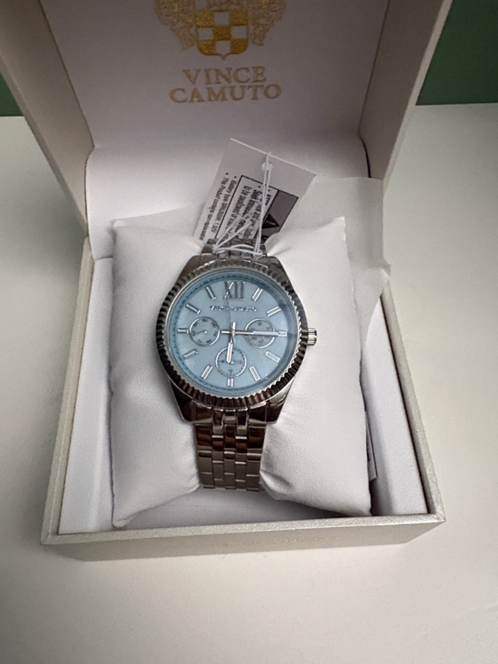 Vince Camuto Silver Stainless Steel Watch with Light Blue Dial